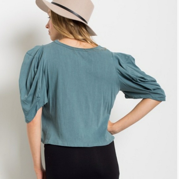 Balloon Sleeve Mineral Wash Cropped Top. - Picture 3 of 7